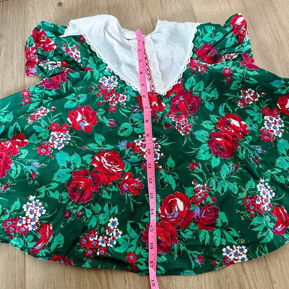 Vintage Girls 3T Kalula Kids Green & Red Rose Floral Dress‎ Lace Collar 90's